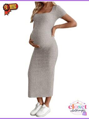 Maternity Bodycon Maxi Dress Square Neck Short Sleeve Baby Shower